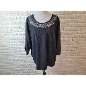 Basic Editions Womens Top 2X Plus Knit Blue Stripe Sequins Metallic STR160E